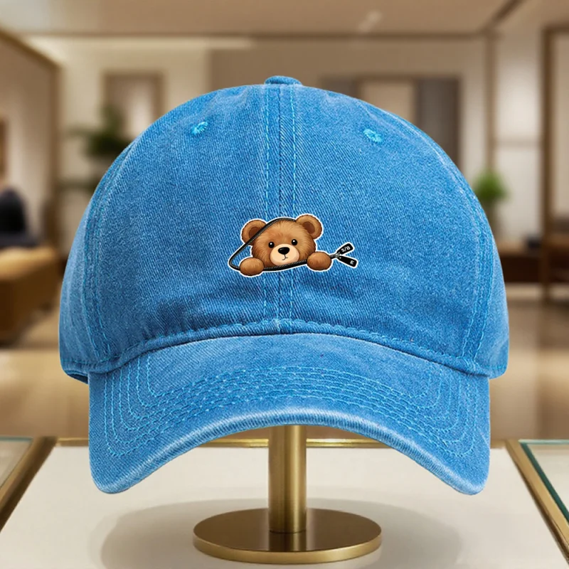 

Zippered Bear Print Baseball Cap Black Full Duckbill Cap Stylish Machine Washable Outdoor Sun Protection Hat
