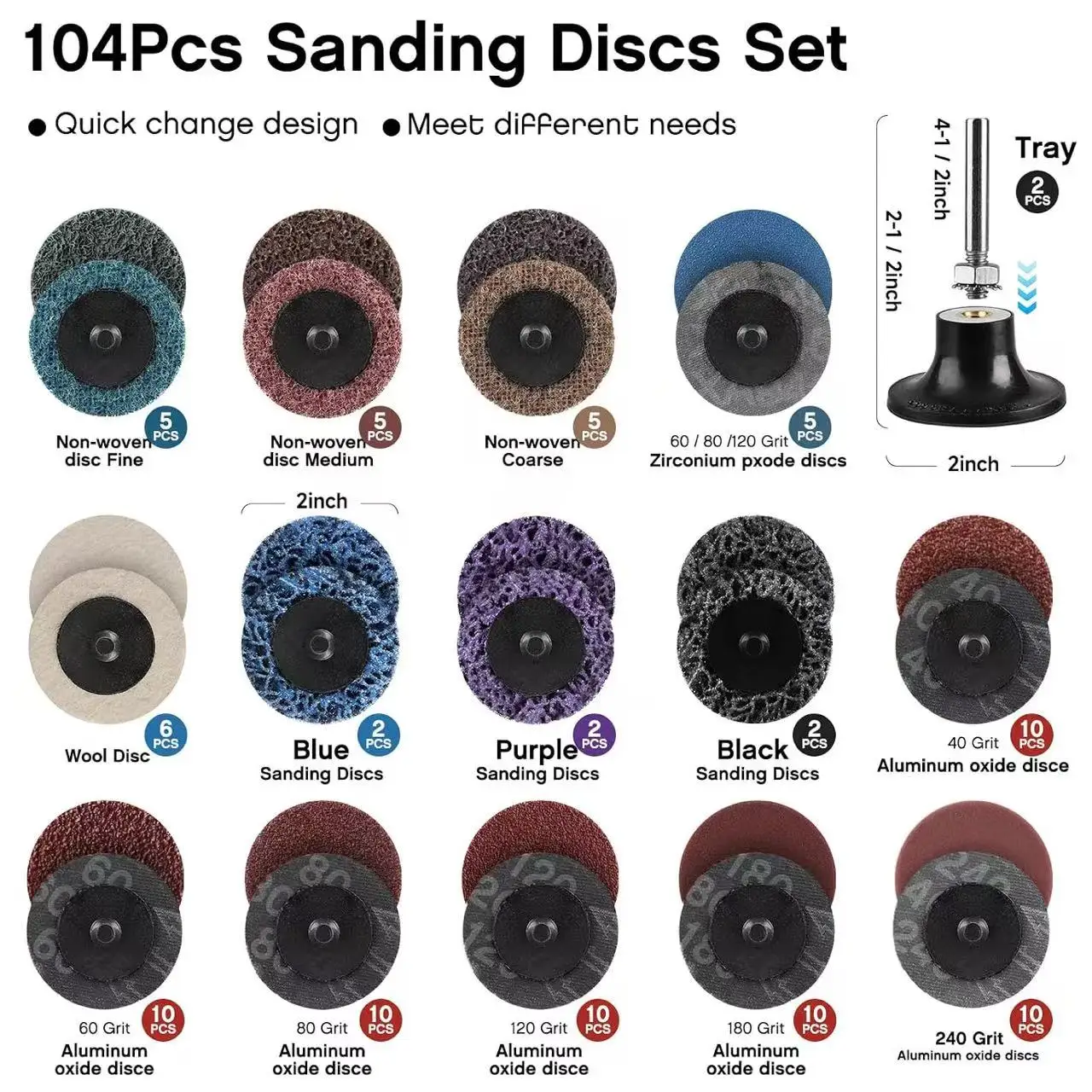 2 Inch Quick Change Sanding Discs Kit, 1/4 Inch Holder, 104PCS Conditioning Disc for Die Grinder, Grind Polish Rust Paint Remove