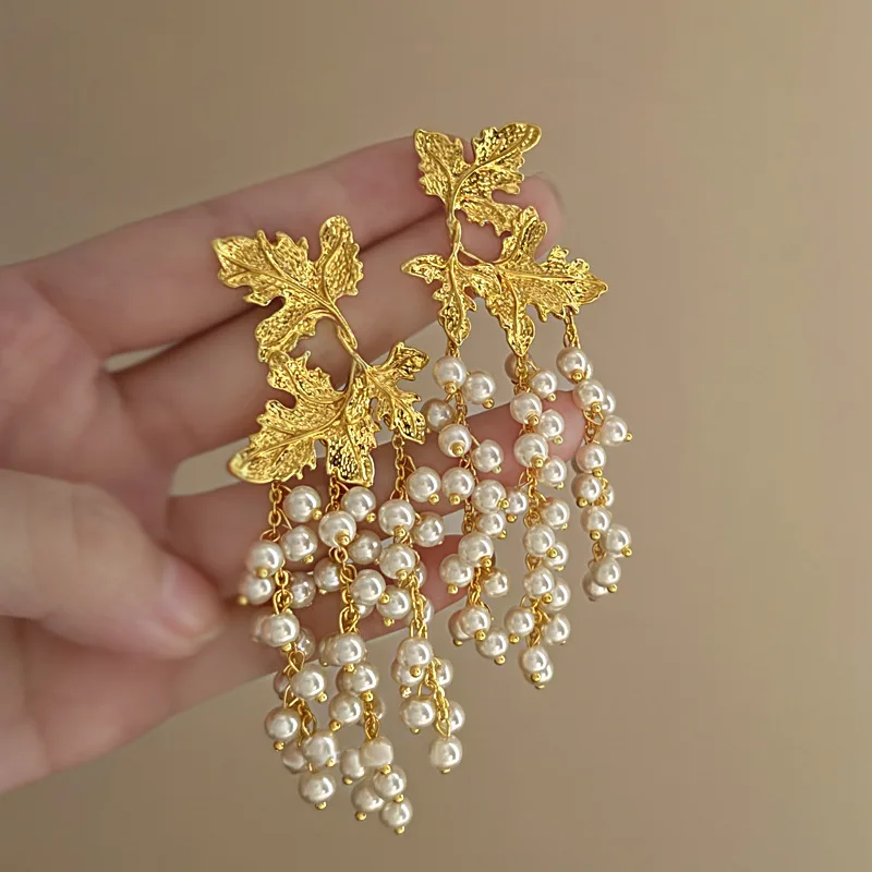 Europe and The United States Exaggerated Maple Leaf Pearl Tassel Earrings Personality Earrings for Women Temperament  Jewelry