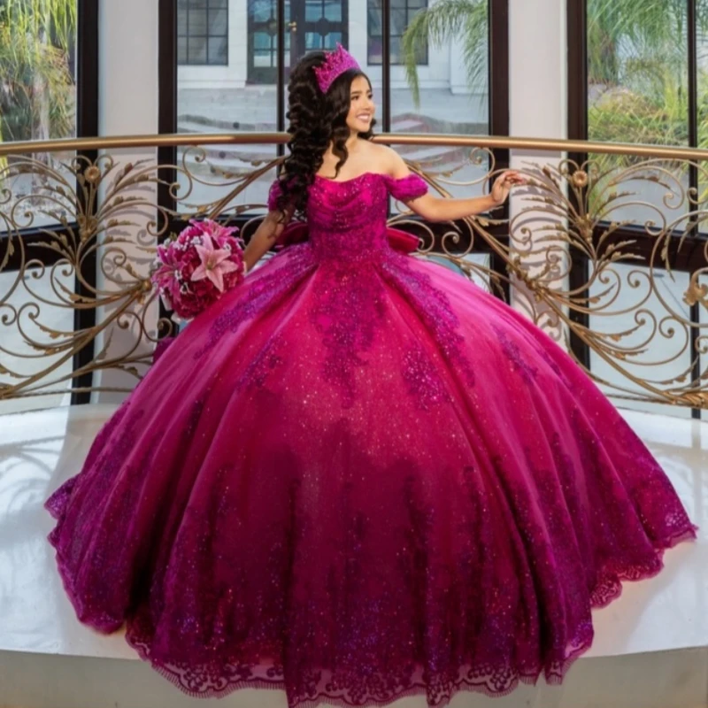 

Rose Red Shiny Quinceanera Dresses Off The Shoulder Sequin Applique Lace Beading Bow Tull Corset Party Birthday Sweet 16 Dres