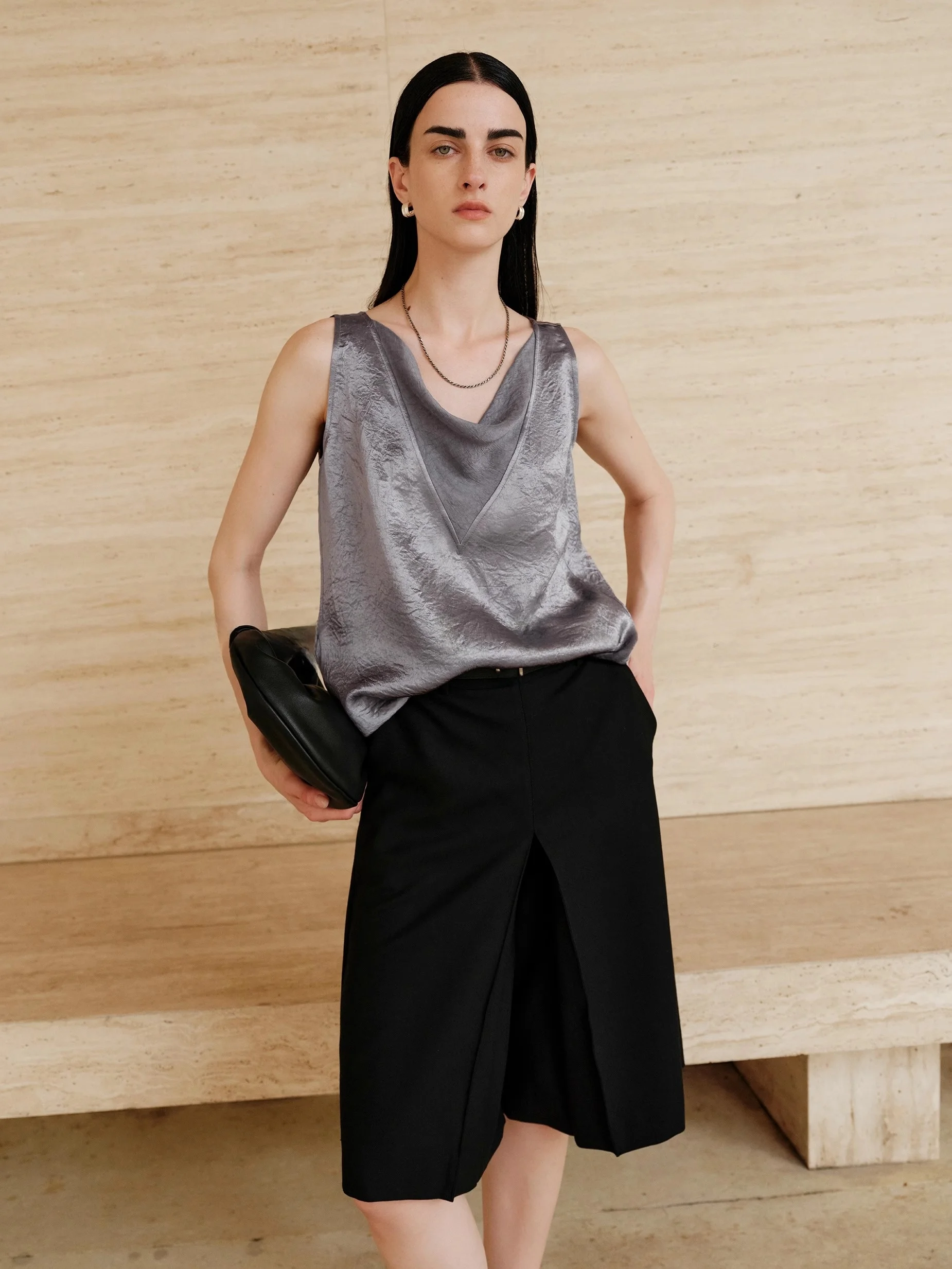 

Soulkiss Stylish Double Layer Pleated Surface Silk Double Silk Sleeveless Vest Luxury Minimalist Commute Style Women's Top