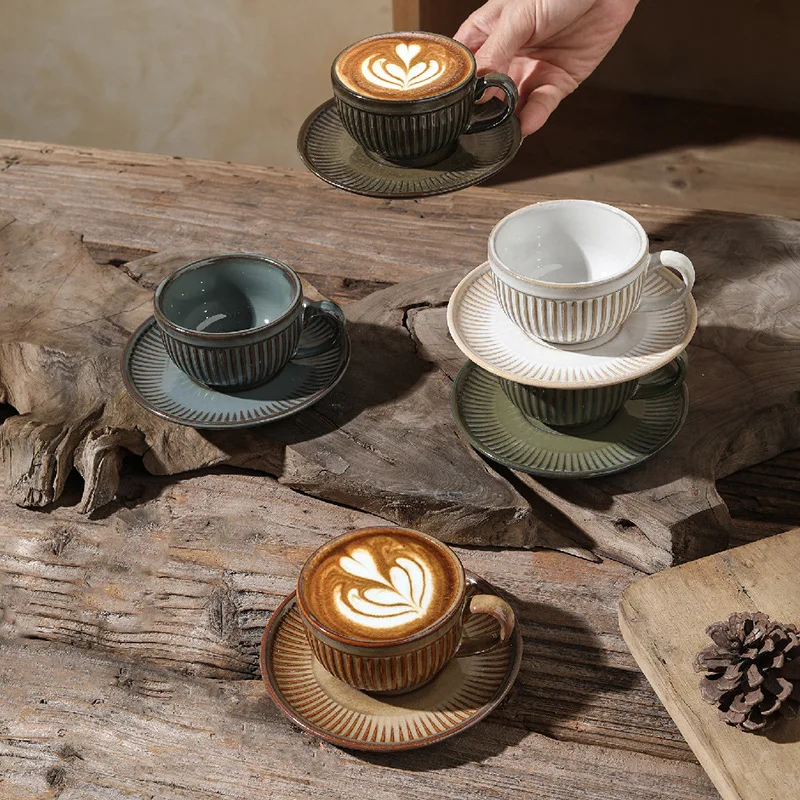 90CC Retro Espresso Cup 6 Cup 6 Plate Set Ceramic  Plate Coffee Shop Afternoon Tea Cup Gift Box Wholesale