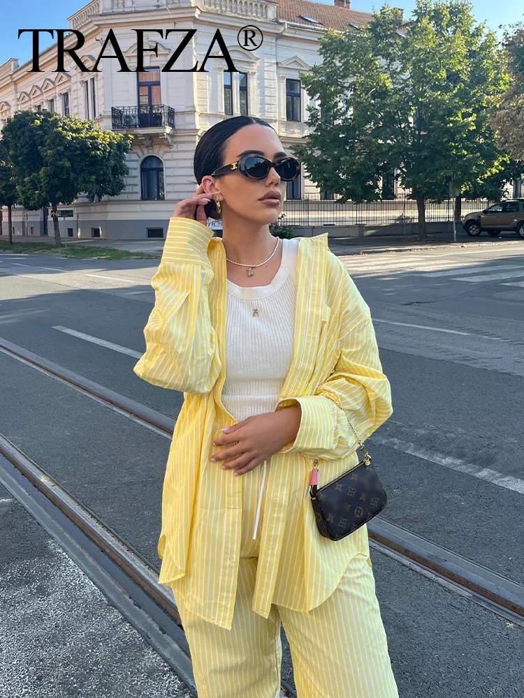 TRAFZA 2024 Women Casual Pants Set Yellow Striped High Waist Loose Pant+ Large Shirt Elegant Style Holiday High Street Trends