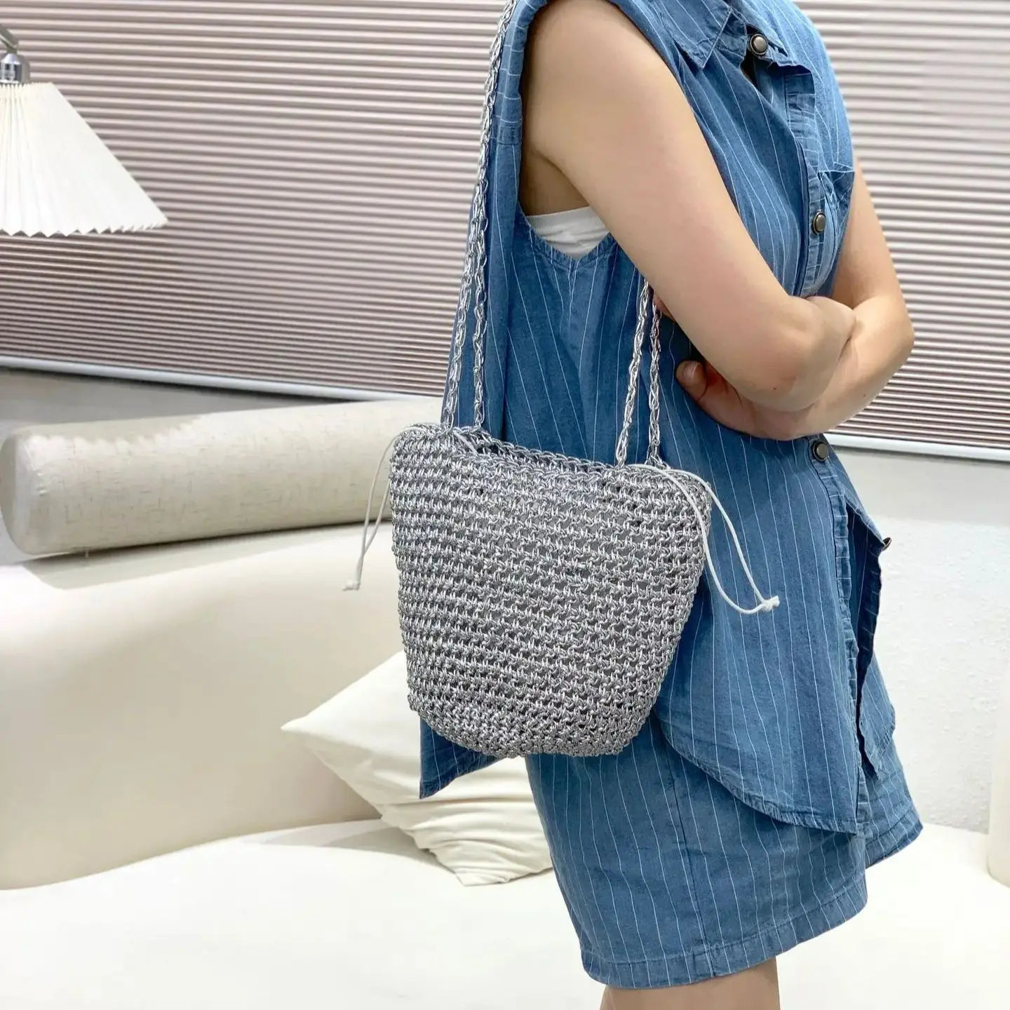 

2025 Handwoven Silver Color Straw Weaving Shoulder Bag Soft Texture Hollow Out Mother-child Bag Carry Tote For Daily Use