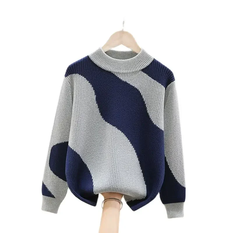 Children's Sweaters New Autumn Winter  Warm Boys Knit Pullover Tops Cotton Kids O-Neck Sweater Color Stitching Student Clothes