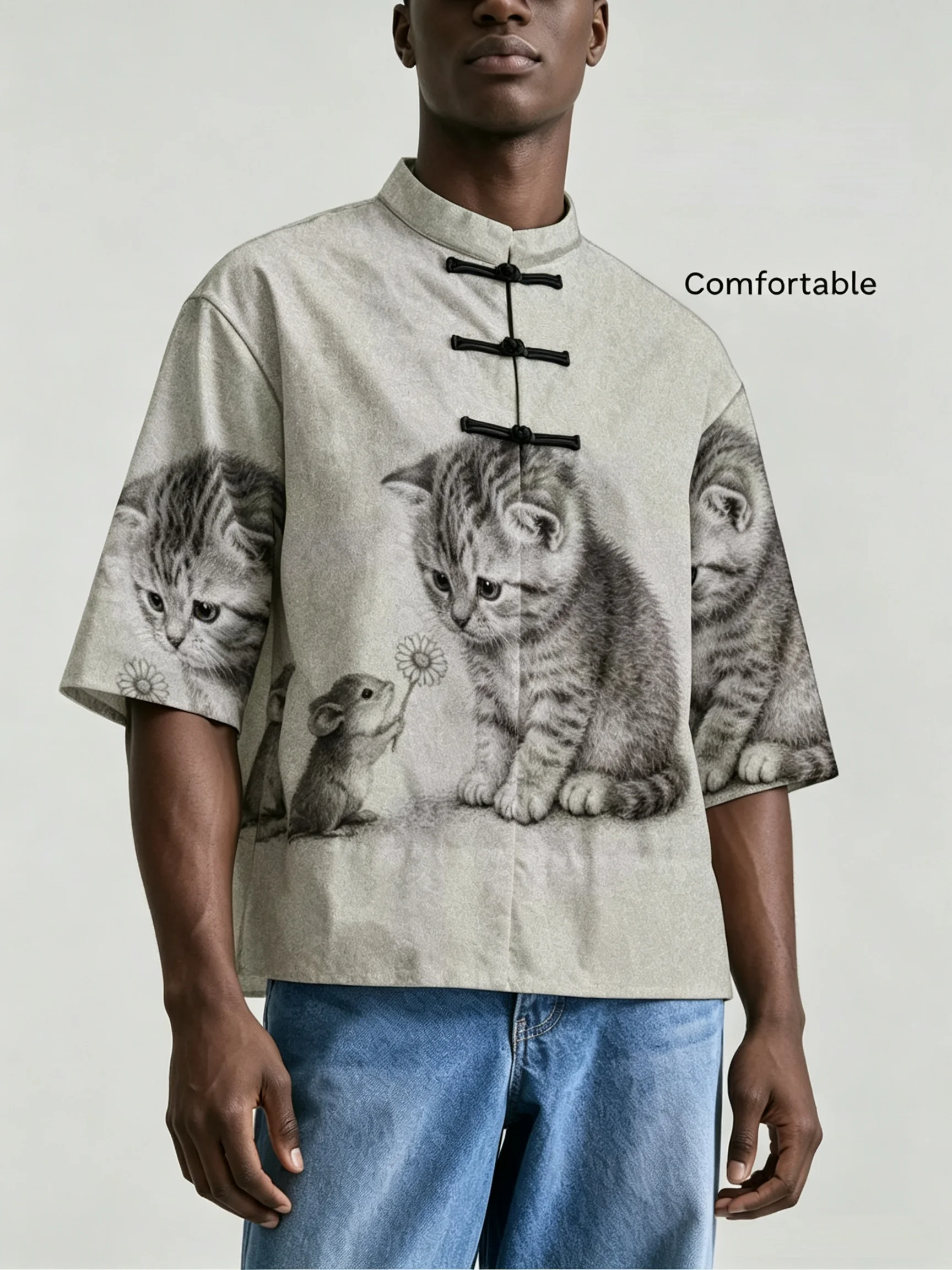 Men Chinese Style Frog Button Stand Collar Shirt, Loose Short Sleeve Animal Print Casual Blouse For Summer