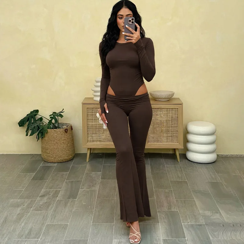 

Apprabant Fashion Street Flare Pants Set Women's Solid Color Round Neck Long Sleeve Bodysuit Top Low Rise Trousers Casual Outfit