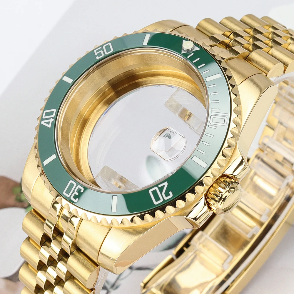 Gold Pvd 40mm SUB Watch Case Ceramic Bezel For NH35 NH36 NH38/34 Miyota8215 ETA2824 Jubilee Bracelet 200M Waterproof Watch Parts