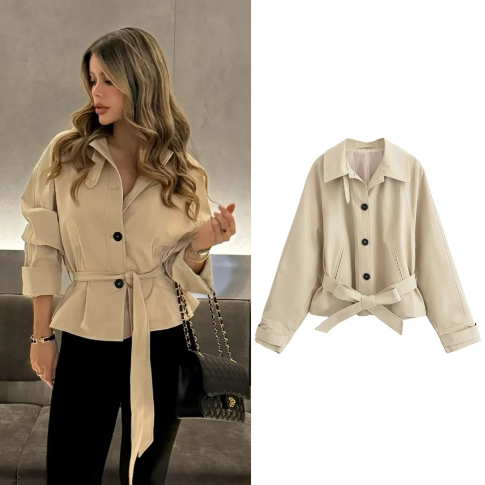 PB & ZA2025Chaqueta cortavientos corta con solapa de manga larga y cinturón, novedad de verano, ropa para mujer, abrigo holgado de temperamento simple