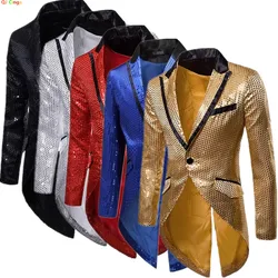 2026 Men's Gold V-Neck Long Sleeve Tuxedo, TV Performance Magic Long Jacket Shiny Sequin Decoration Red Blue Black Blazer S-XXL