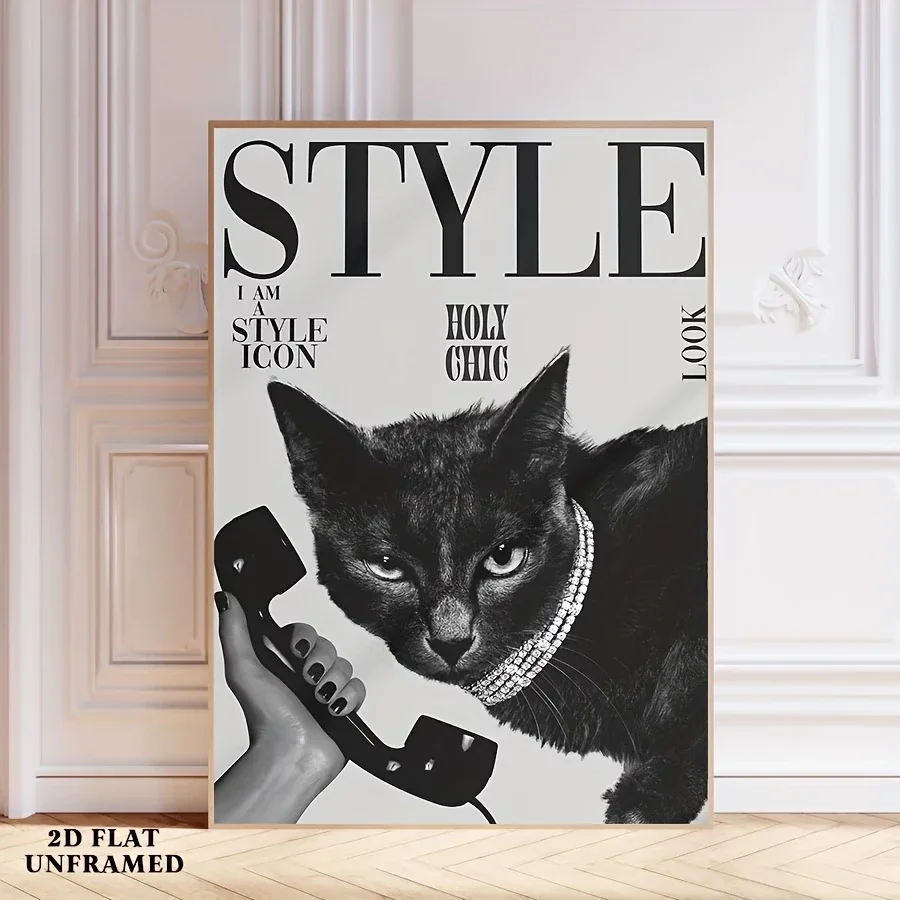 Retro Black Cat Making And Receiving Phone Call Wall Art Print Canvas Painting Poster Picture For Living Room,Bedroom Home Decor