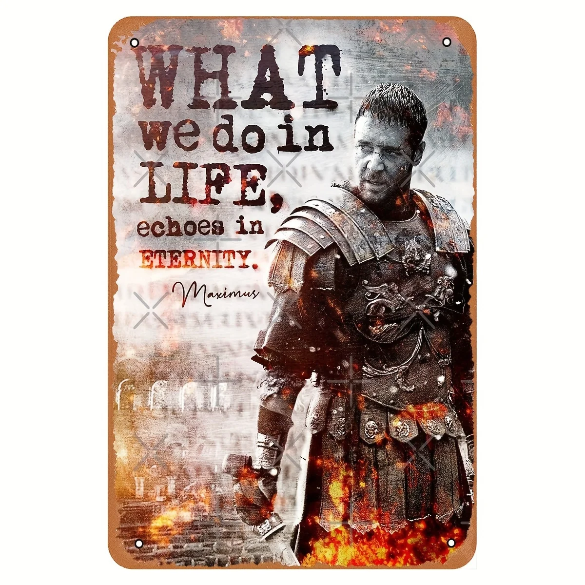 Maximus the gladiator Inspirational Quote Metal Wall Art - Vintage Iron Sign, , Rustic Roman Soldier Design with Flames & Snowfl