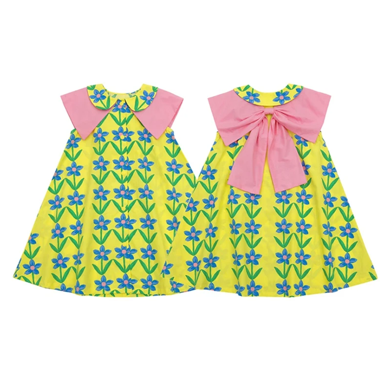 Summer Children Girls Princess Dress Korean Style Fashion Floral Print Doll Neck Design Bowknot Design