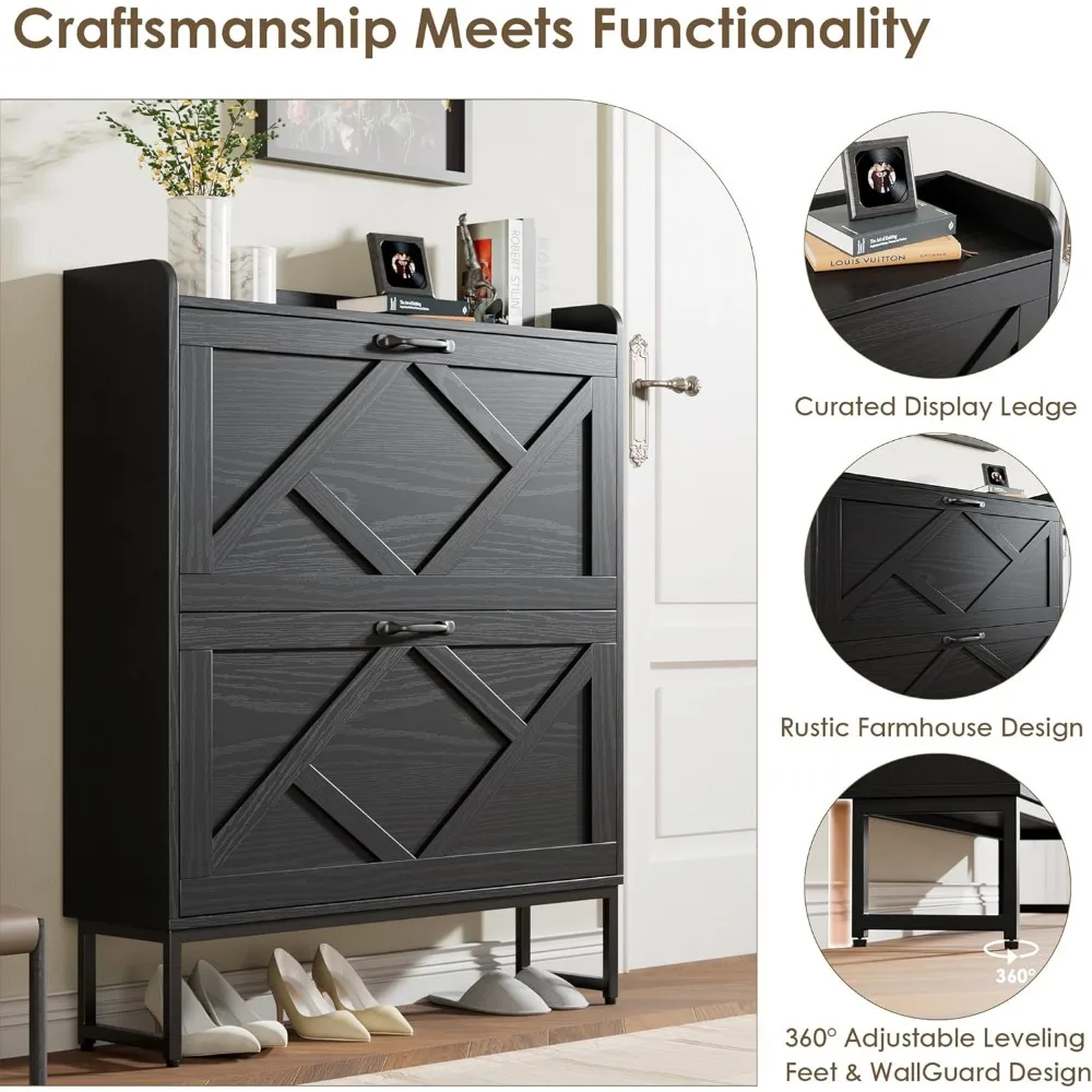 Organizador de zapatos independiente con 2 cajones, patas de metal, gabinete de zapatero estrecho