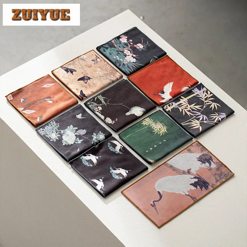 Chinese Suede Long Style Fabric Tea Towel Handmade Tea Mat Dish Towel Tea Napkins Tea Cloth Tea Items Accessories Ornaments Gift
