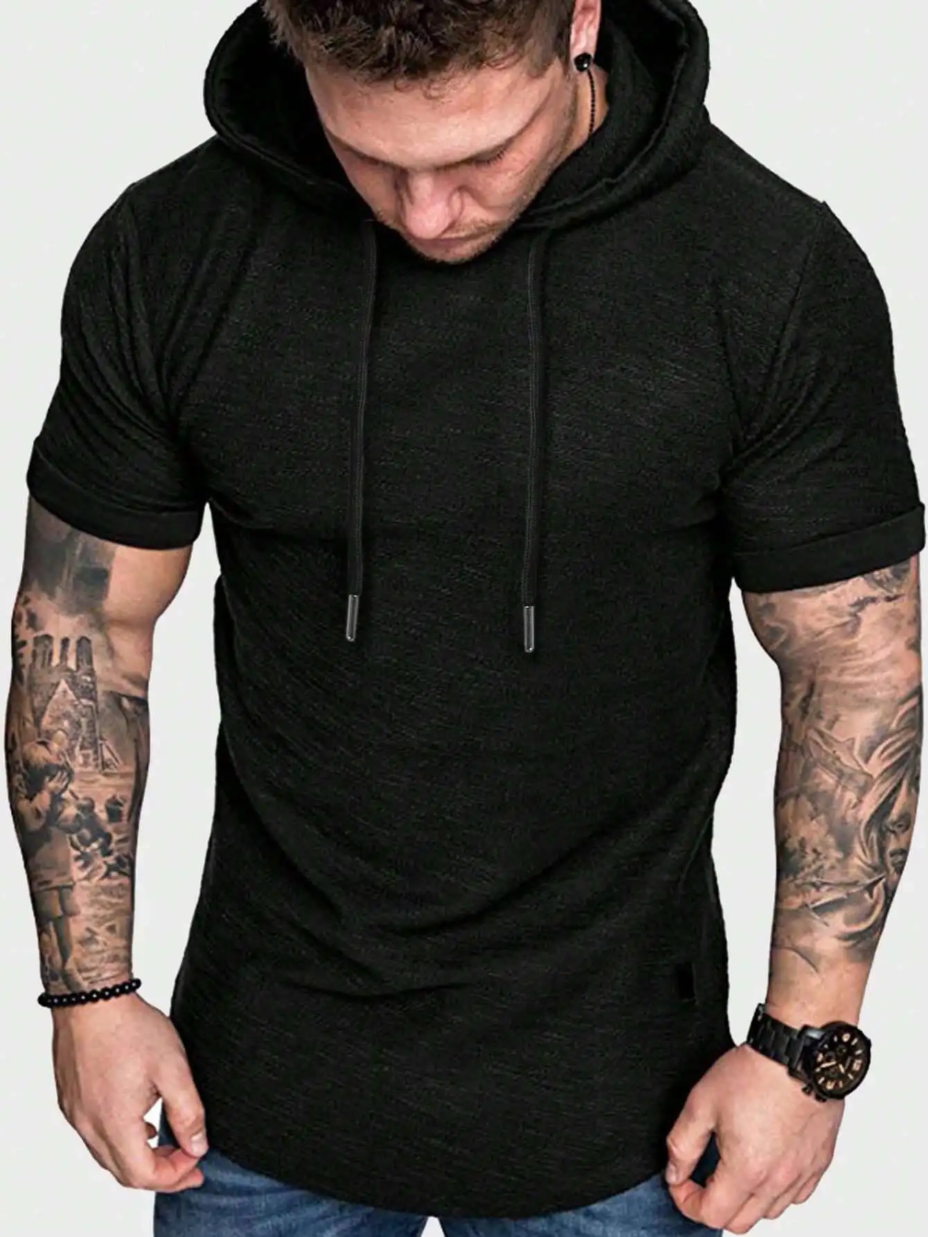 

Мужская однотонная футболка с капюшоном и завязками, повседневный топ с короткими рукавами