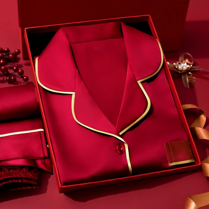 red-ice-silk-sleepwear-women's-lunar-year-wedding-couple-set-long-sleeve-button-decor-home-clothes-youth-four-seasons-universal