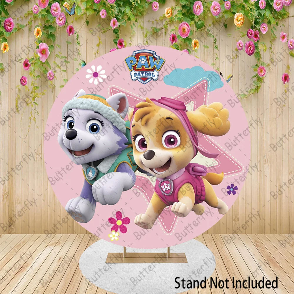 Skye Flying Dog Happy Birthday Paw Patrol Dog Rescue Pink Logo Backdrop Birthday Round Photography Baby Shower Background Banner