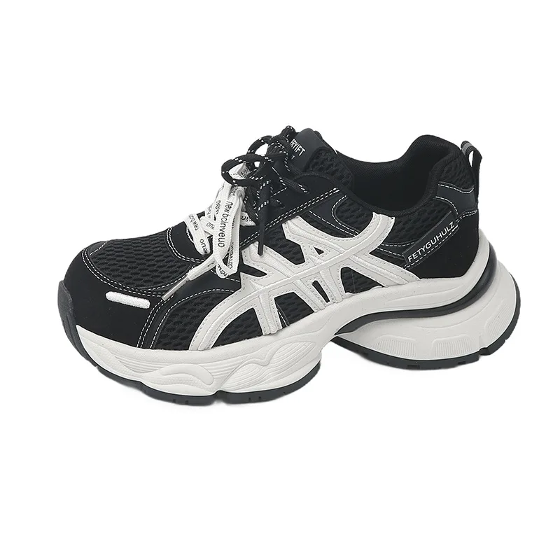 HKDQ Women's Sneakers Round Toe Platform Heel Mesh-Look Upper Lace-Up Casual Fashion Daily Walking Trendy Footwear