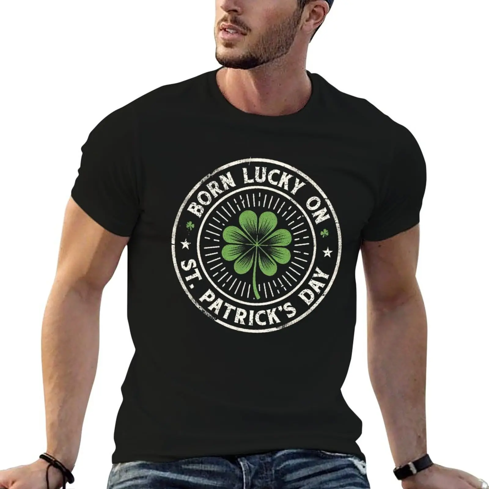 

Vintage Born Lucky On St. Patrick's Day Birthday T-Shirt t shirts with prints man t shirt heavy cotton T-Shirt