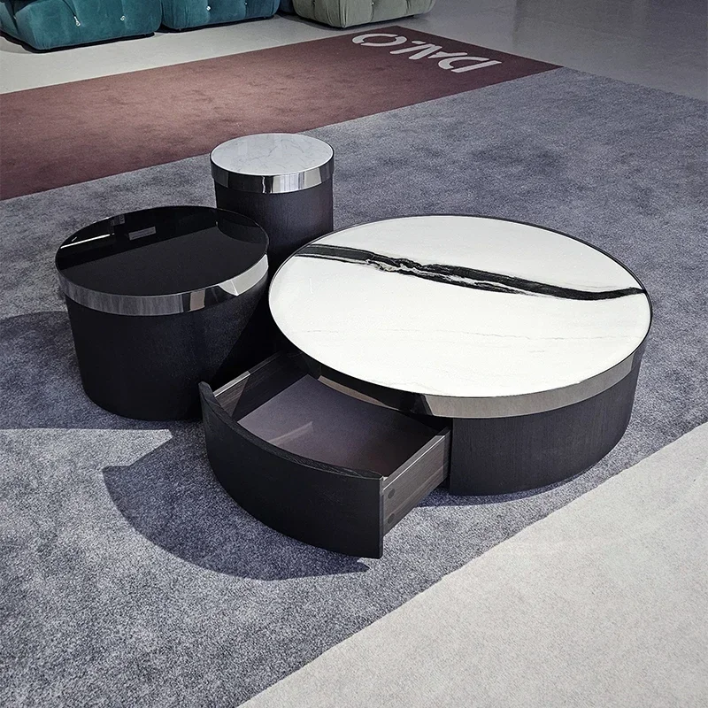 

3Italian light luxury small apartment round rock slab marble coffee table minimalist living room small coffee table smoked c