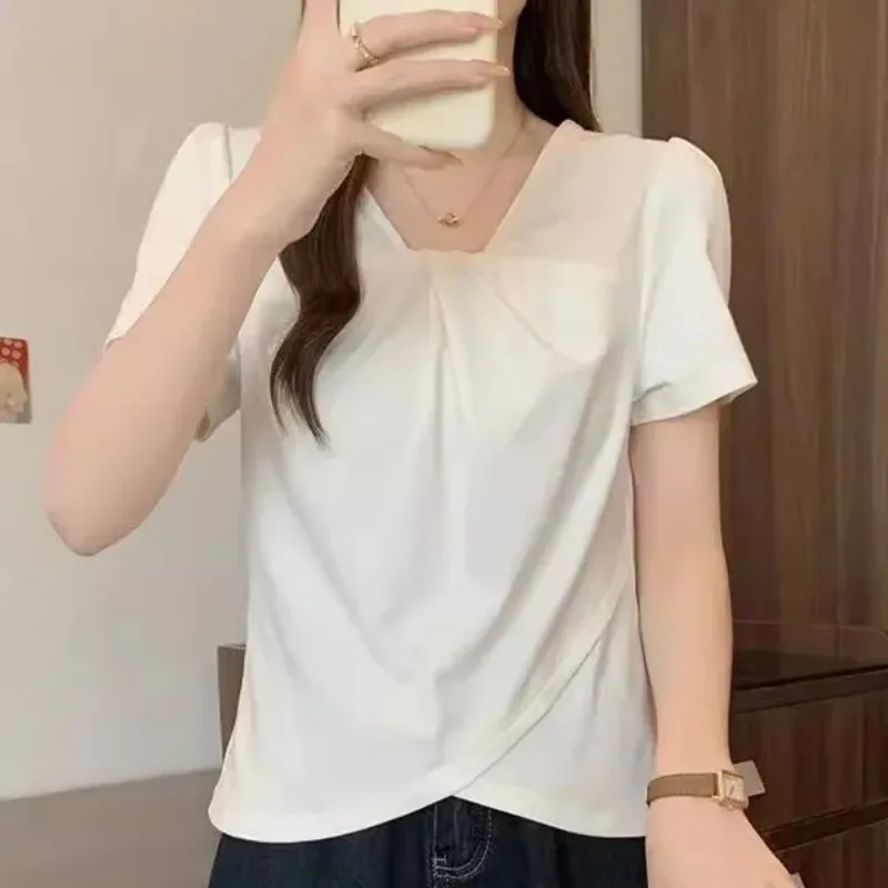 Women's V-Neck T-Shirt Short Sleeve Irregular Hem Slim Fit Casual Top