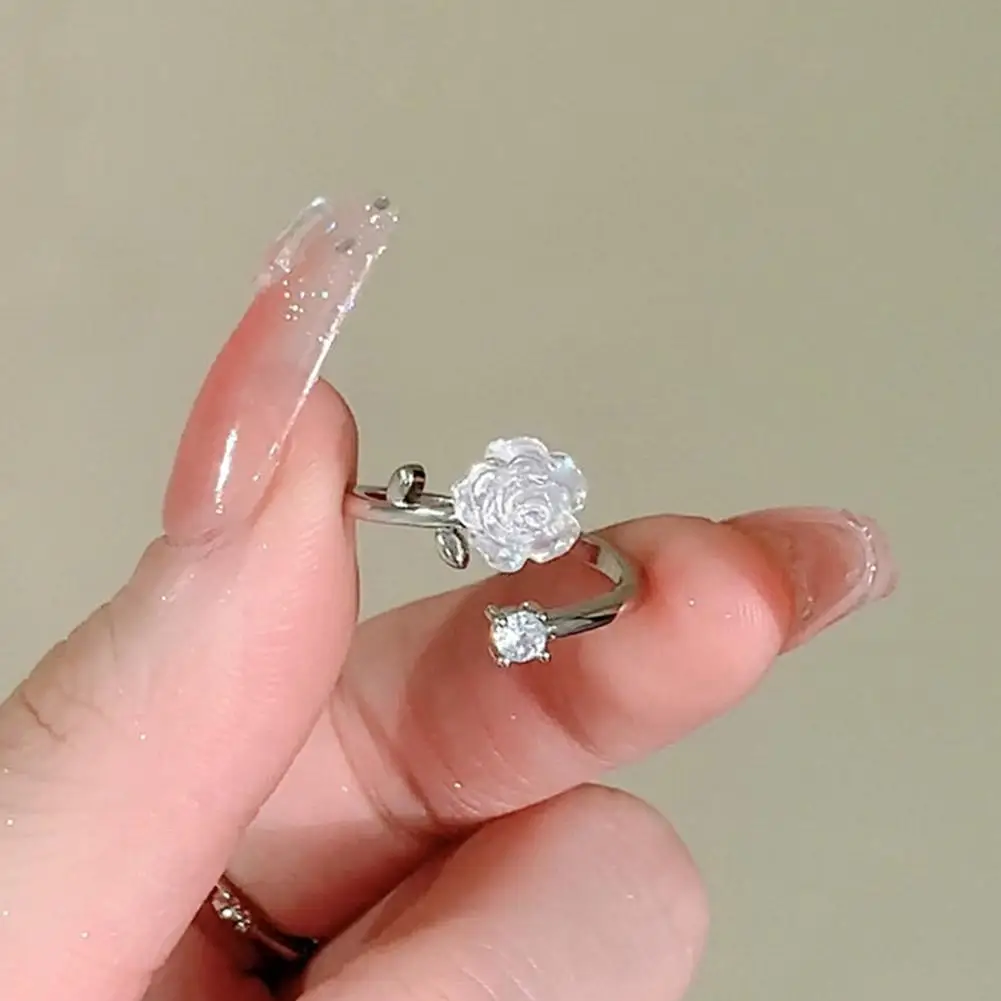 Vintage Rose Flower Rings For Women Korean Style Shiny Crystal Adjustable Princess Finger Wedding Party Jewelry