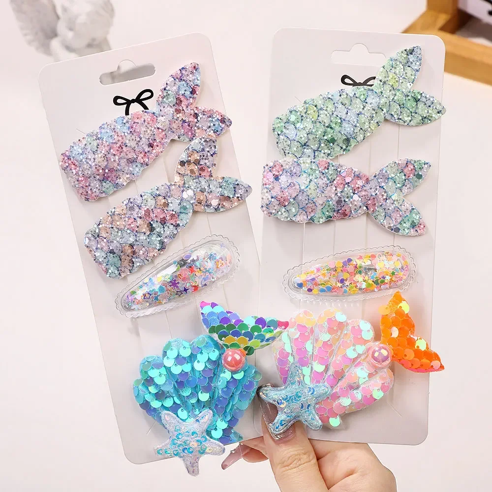 4pcs Kids Sweet Hair Bangs Clip Set Fish Tail Printed Butterfly Hairpins Children BB Clips Barrettes Girl Accessories Claw Clip