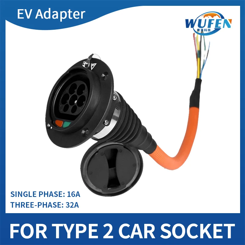 Wufen Type2 Mannelijke Contactdoos Met Kabel Voor Elektrische Auto Zijlader Iec 62196 Type 2 Socket Ev Oplader Aansluiting 32a 0.5M Evse