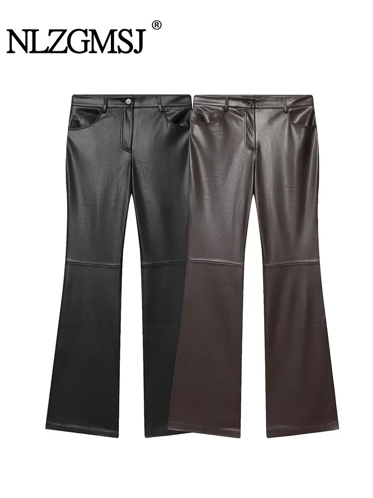 NLZGMSJ Damskie spodnie ze sztucznej skóry 2025 z wysokim stanem, zapinane na zamek, eleganckie spodnie do biura, szykowne, codzienne spodnie damskie w stylu Y2K