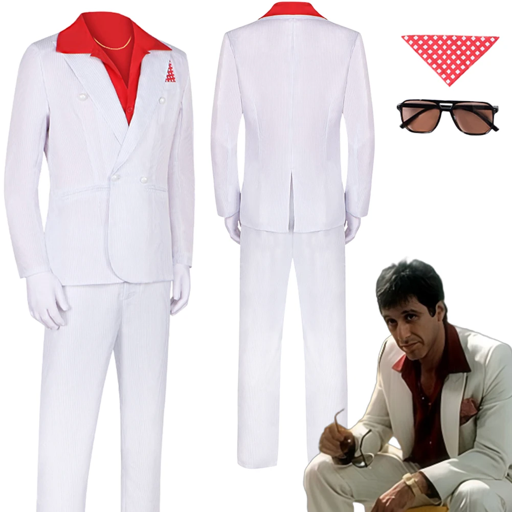 

Fantasia Scarface Al Pacino Cosplay Clothing White Suit 1983 Movie Disfraz Costume Men Fantasy Halloween Carnival Party Clothes