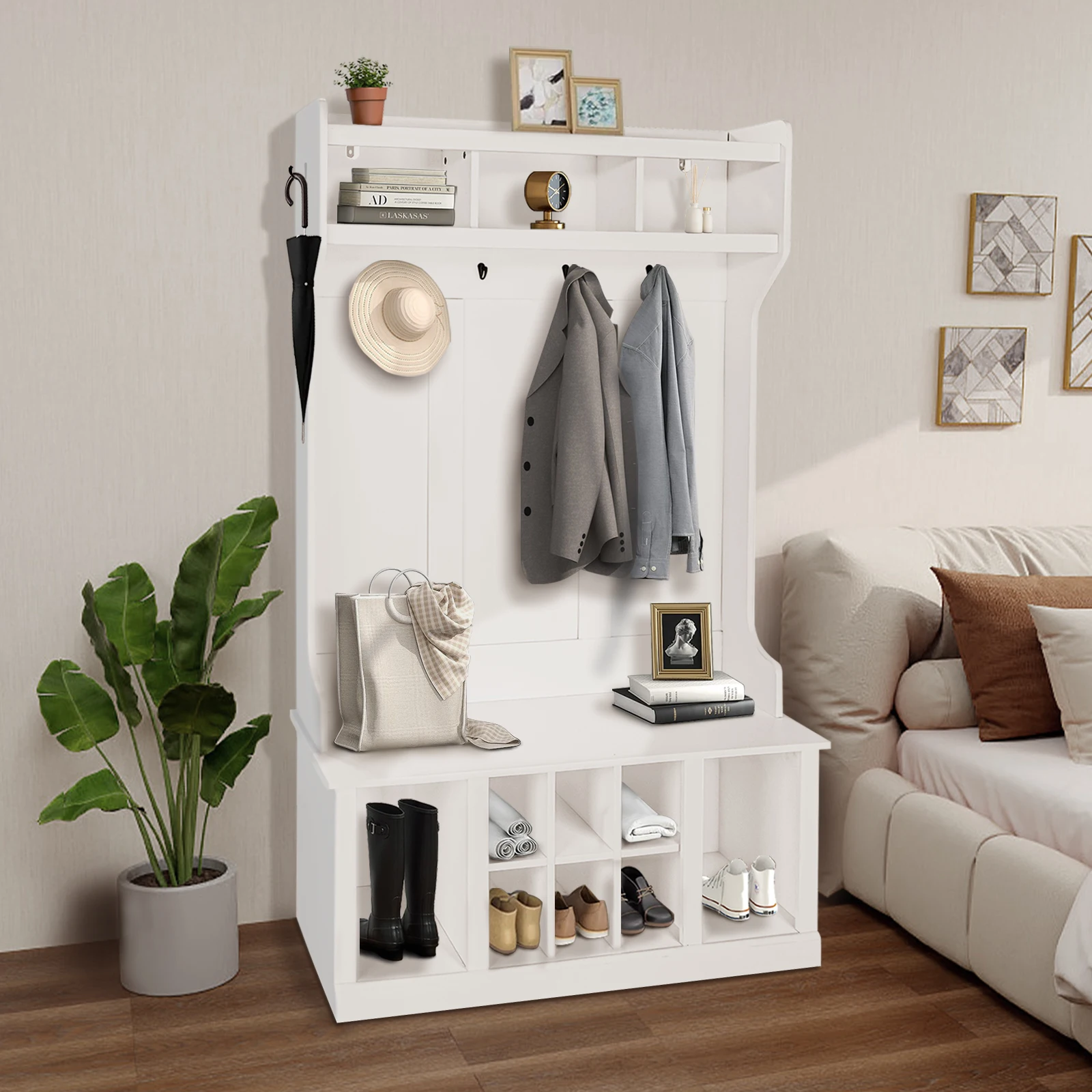 Entryway Furniture with Storage Cabinet and Top Shelf, Coat Rack with 8 Shoe Storage Cube and 6 Hanging Hooks Coat Rack