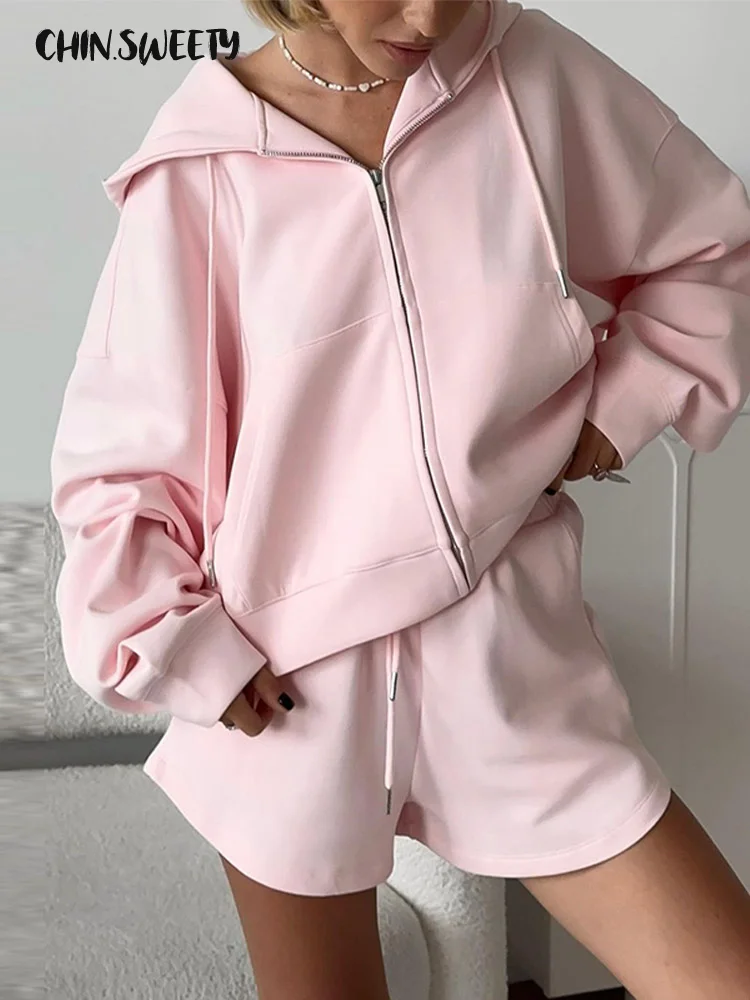 موضة المرأة هوديي السراويل السراويل طويلة الأكمام جيب الدانتيل يصل سراويل قصيرة سيدة مجموعة 2025 الصيف الخريف عادية 2 قطعة مجموعة النساء #1