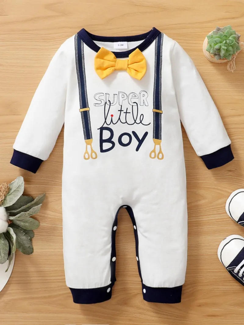 Newborn Baby Boy Romper Cute Bowtie Long Sleeve Bodysuit Spring and Autumn Clothing for Toddler ​Boy 0-18 Months