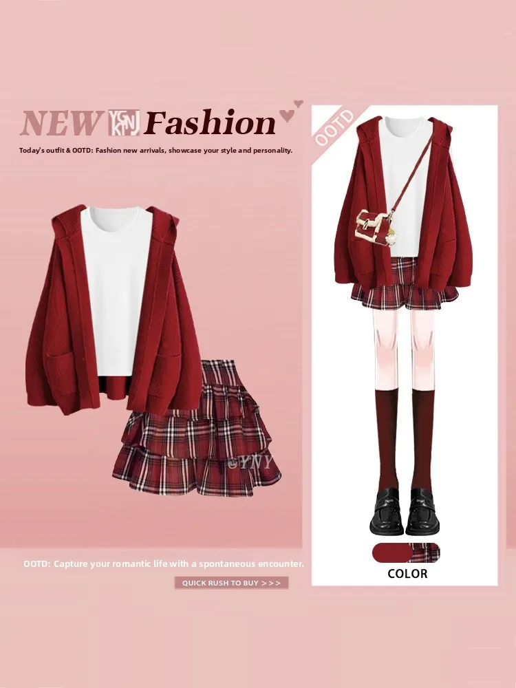 

Комплект из кардигана с капюшоном и вязаной юбки в клетку для женщин: зимний, облегающий, с эффектом утончения, коллекция Aosphere Sensation