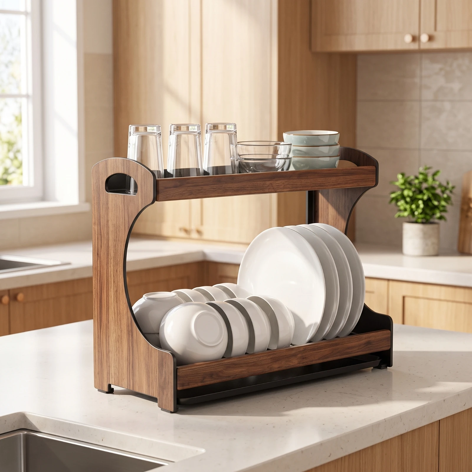 Countertop Rack Two Tier Dish Drainer Dish Drying Rack with Drain Tray Kitchen Organizer for Limited Sink Space - view 2