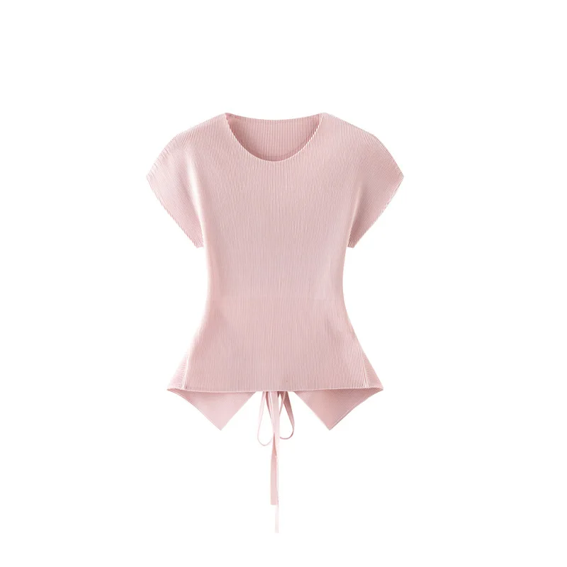 Miyake Style Pink Short-sleeved T-shirt for Women in Summer New Slim Fit Versatile Age-reducing Lace-up Top for Women
