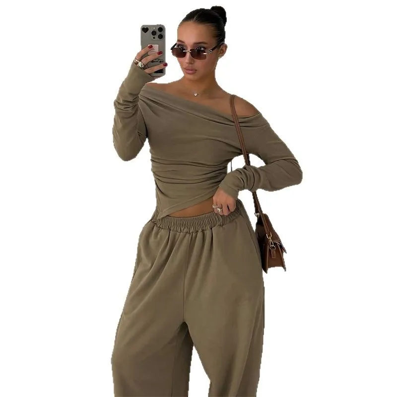 المرأة مزاجه طوق واحد بأكمام طويلة سليم صالح الأعلى بنطال ذو قصة أرجل واسعة مجموعة الصيف الخريف بلون قبالة الكتف أعلى فستان أطفال مع سروال داخلي