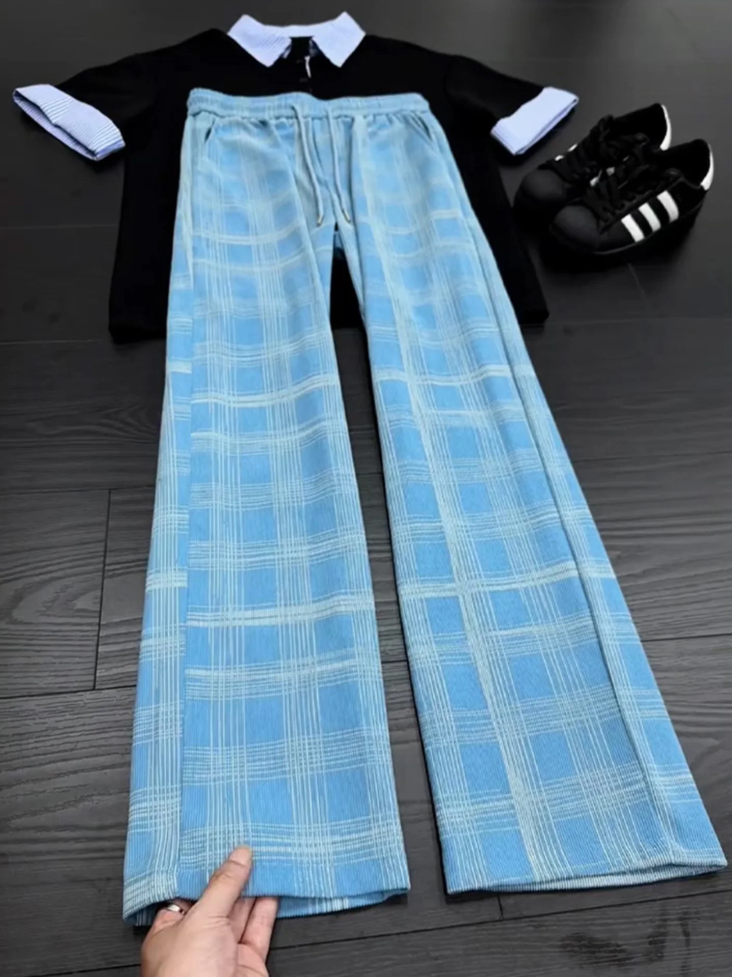 American Retro Tie Dye Plaid Men's Summer Thin Lazy Style Ice Silk Flared Casual Pants CleanFit Loose Straight Leg Trousers