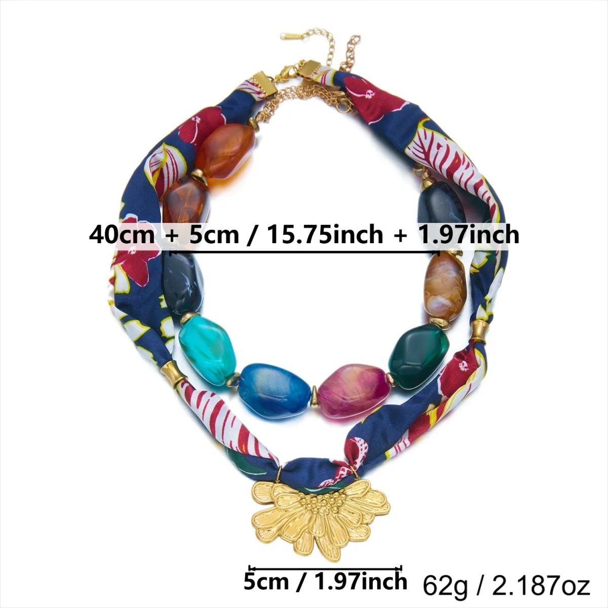 Botanisch bedruckter marineblauer Schal, Edelstahl-Halskette mit geprägten Blumen für Damen, unregelmäßiger Acryl-Perlen-Choker-Schmuck – Detail 30