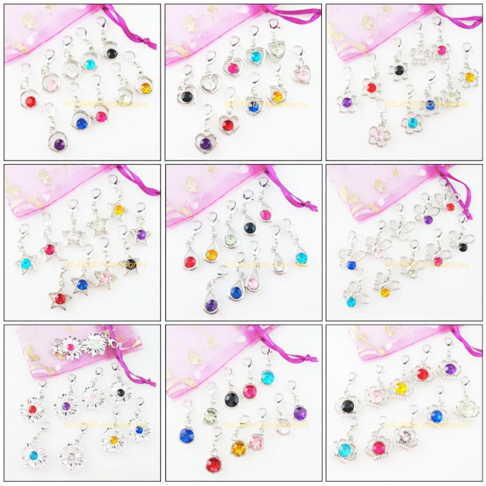 Fashion 20Pcs New Flower Heart Round Crown Teardrop Animal Butterfly Acrylic Dull Silver Plated Pendants With Clasp