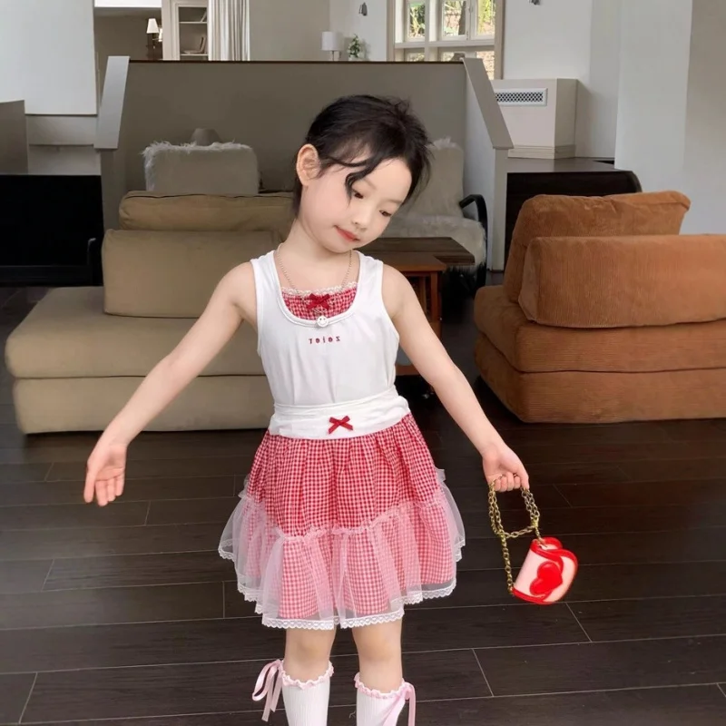 

Girls' Summer Outfit Set2026New stylish toddler princess dress, baby sleeveless vest, summer children's clothing