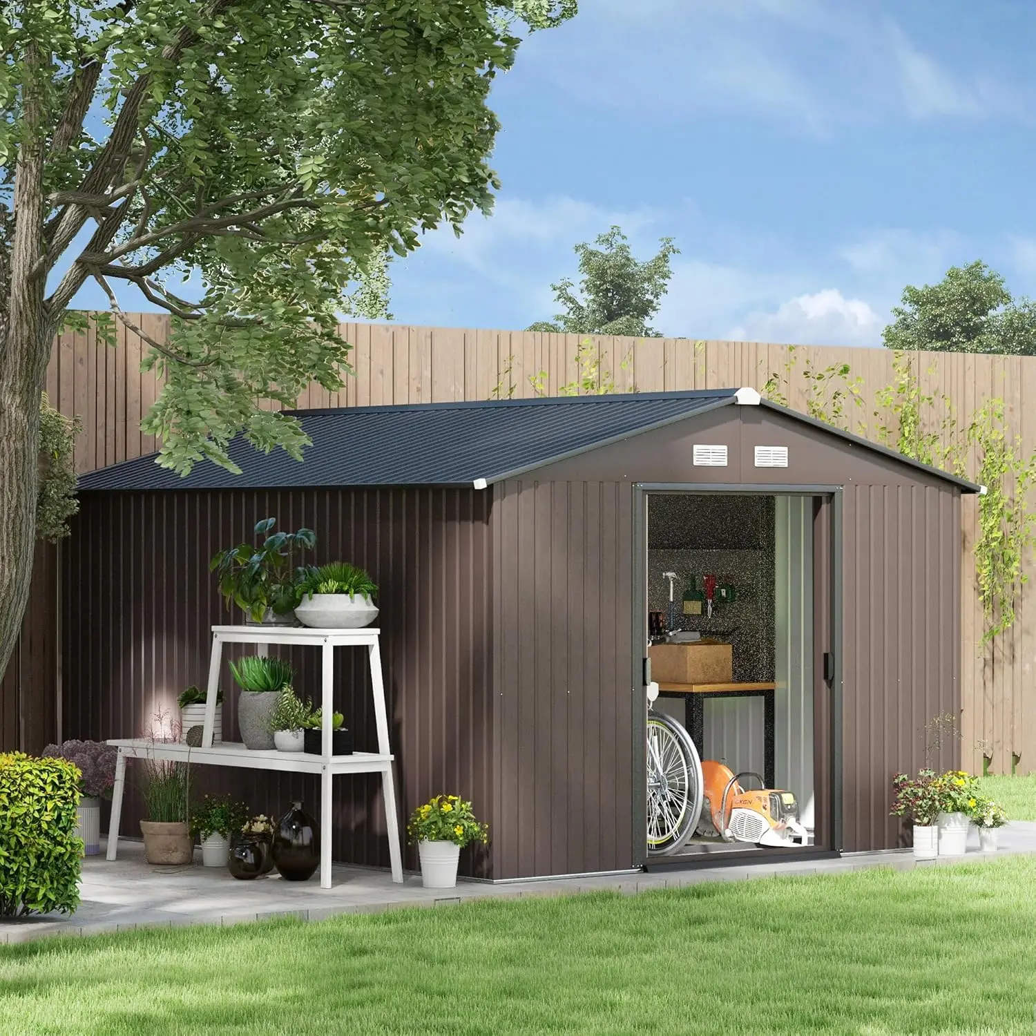 Outsunny 11' X 9' Outdoor Storage Shed, Garden Tool House With Foundation Kit, 4 Vents And 2 Easy Sliding Doors For Backyard,