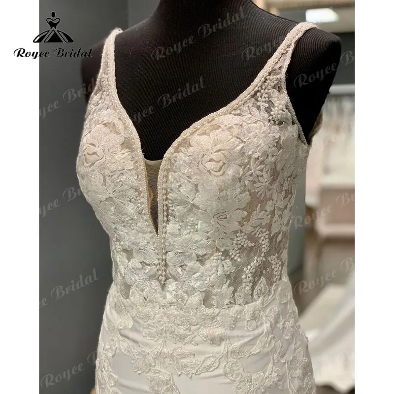 Boho V Neck Backless Lace Appliques Spaghetti Straps Mermaid/Trumpet Wedding Dress 2023 Vintage Robe Civil Women Beach Bridal