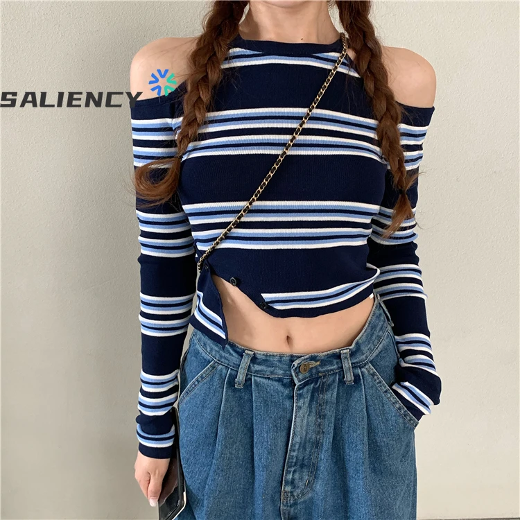 SALIENCY Spring Striped Off Shoulder Long Sleeve Tunic Tees Women's Cropped Top Y2k T-Shirt