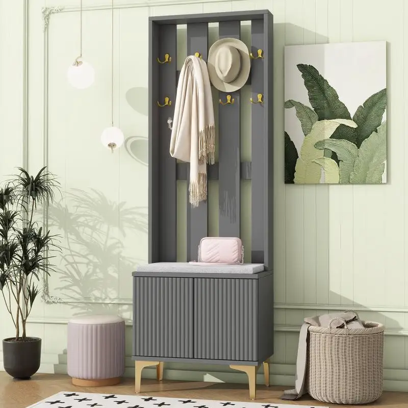 

Современное роскошное дерево для прихожей 4-в-1 с подушкой, универсальная вешалка для одежды с 8 золотыми крючками, скамейка в прихожей с регулируемыми полками и