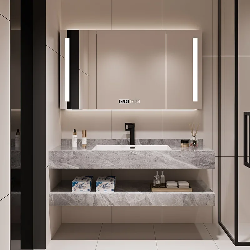 

Bathroom Cabinets Rock Plate Integrated Basin Double-layer Combination Modern Simple Mirror Storage Cabinets Bathroom Furniture