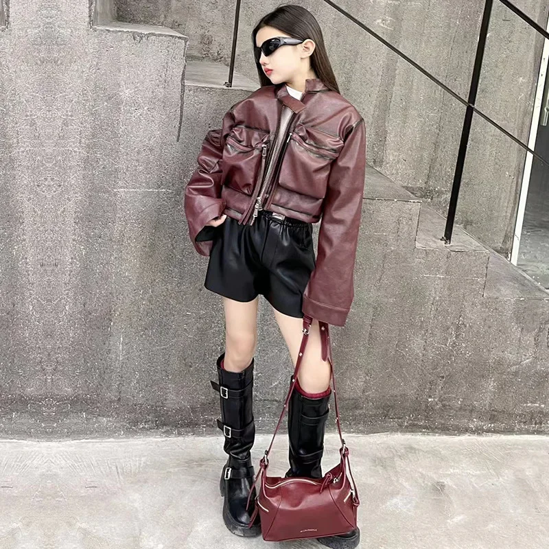 Girls' 2024 autumn  stand up collar pocket loose PU leather spicy girl motorcycle short jacket leather jacket trendy