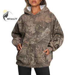 Women's Camo Hoodie Maple Leaf Print Oversized Sweatshirt Fleece Hooded Sweatshirt Casual Pullover With Pockets