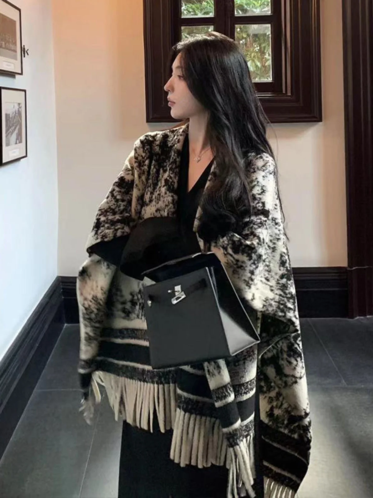 

Double-Sided Watercolor Painting awl Women's Outerwear Autumn Winter Versatile Retro High-End Warmth Thi Coat